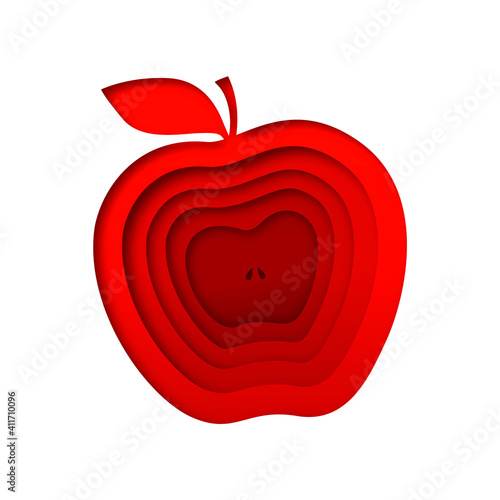 Realistic paper cut layered apple. Red fruit papercut silhouette on isolated white background. Half slice with seeds inside. Nutrition concept, healthy diet idea.