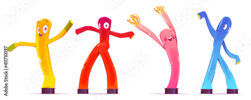 Inflatable figures, dancing colorful men with funny faces, legs and arms. Balloon moving characters for outdoor promotion or event decoration isolated on white background, Cartoon vector illustration