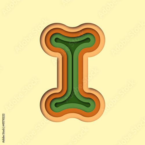 Bone shape in 3D paper cut style. Layered papercut illustration of colorful skeleton part on isolated background. Medicine care concept, organic pet food or dog treat design.