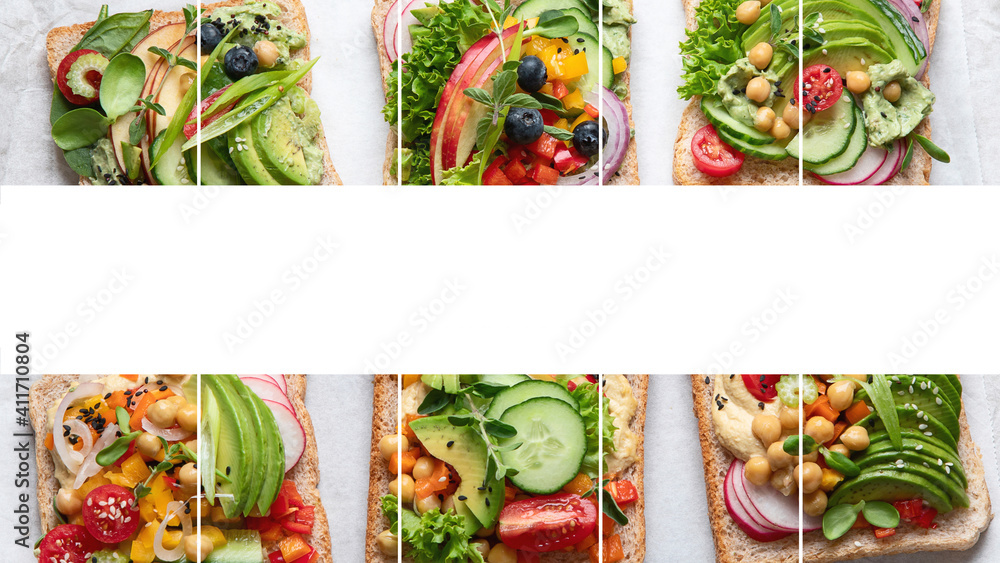 Collage of vegan sandwiches. Vegetarian healthy food concept.