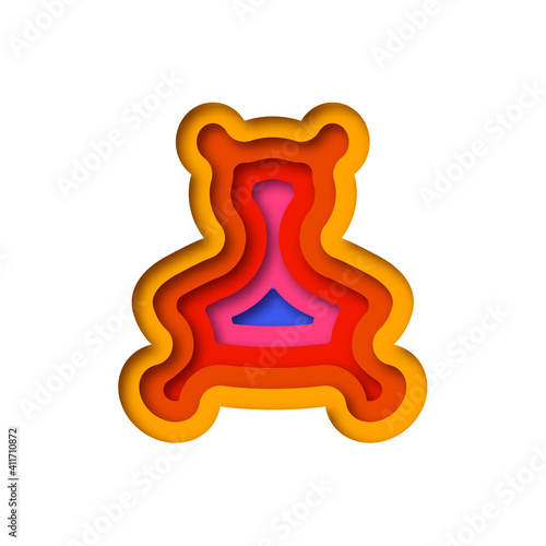 Colorful teddy bear toy shape in 3D paper cut style. Cute papercut illustration of stuffed animal on isolated background. Children lifestyle concept, childhood topic or baby gift design.