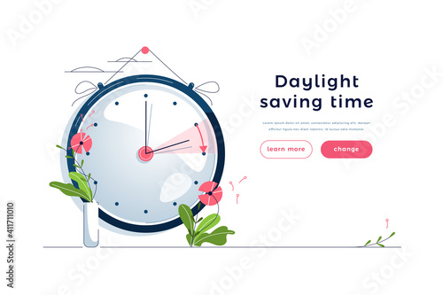 Daylight Saving Time web template. The clocks moves forward one hour to daylight-saving time. Floral decoration, pink flowers. Spring clock changes concept for landing page. Flat vector illustration