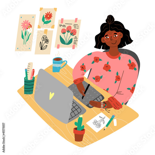 Cute girl, graphic designer or digital artist work from home, drawing on tablet and watch on laptop screen,sketch nearby