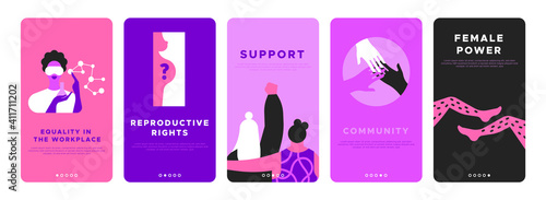 Feminist vertical banner template set for women rights or international social issues event on March 8. Pink flat illustration of girl friends together, diverse hands, scientist worker and more.