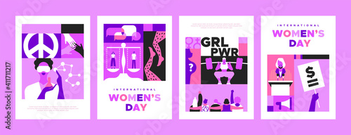International Women’s Day banner template set for women rights or feminist social issues event on March 8. Pink mosaic illustration girl friend group together, equal pay protest sign and more.