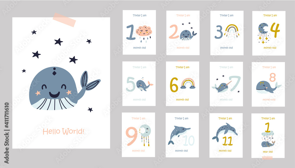 Monthly baby cards with cute whales.