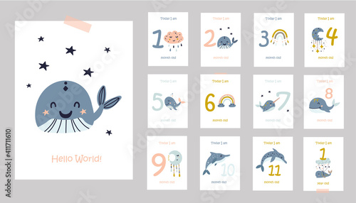 Monthly baby cards with cute whales.