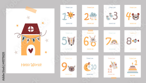 Monthly baby cards with cute animals.