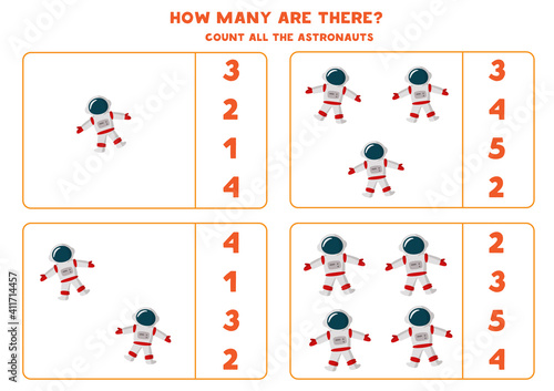 Counting game with cartoon astronauts. Math worksheet.