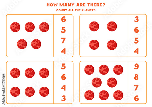 Counting game with cute cartoon planets of Mars. Math worksheet.
