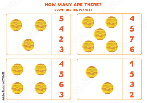 Counting game with cute cartoon planets of Venus. Math worksheet.