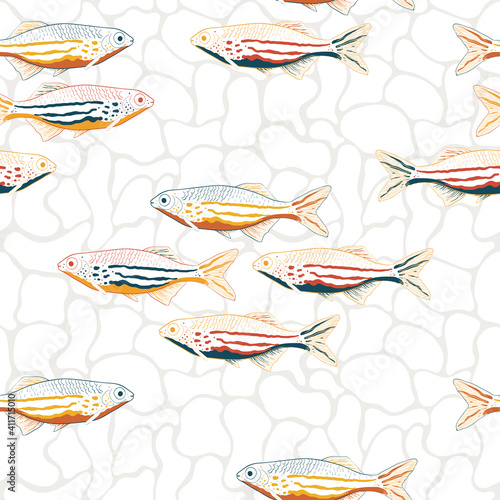 Vector hand drawn sea fishes sardines l seamless pattern print background.