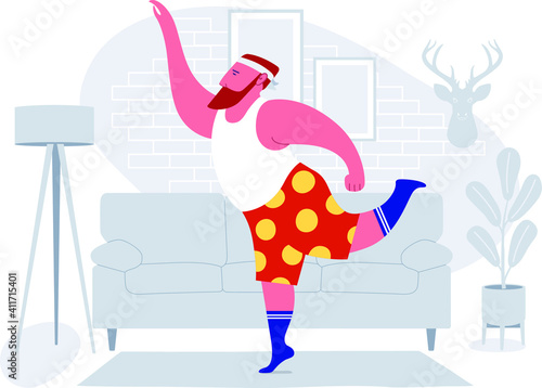COVID-19 virus outbreak. Sport Exercise at Home. Fitness Workout Yoga Exercise Chubby Man. People quarantine at home prevent spread of infection. Keep calm during quarantine Vector. Bearded man doing 
