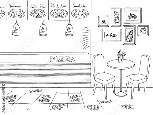 Pizza restaurant interior fast food court graphic black white sketch illustration vector
