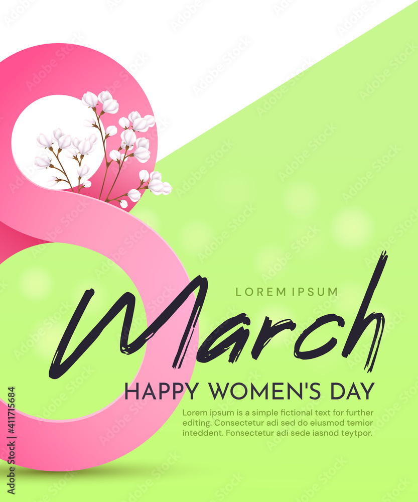 Greeting poster for International Women's Day (March 8).Pink number 8 with gypsophila on a white-green background with an inscription. Greeting poster for International Women's Day (March 8).Pink number 8 with gypsophila on a white-green background with an inscription.