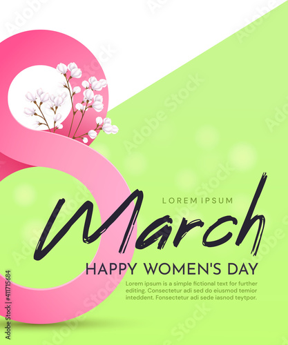 Greeting poster for International Women's Day (March 8).Pink number 8 with gypsophila on a white-green background with an inscription.