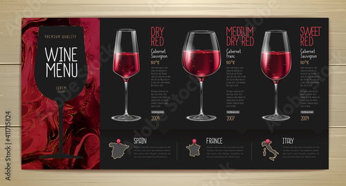 Wine menu design with alcohol ink texture. Marble texture background. Set of wine glasses