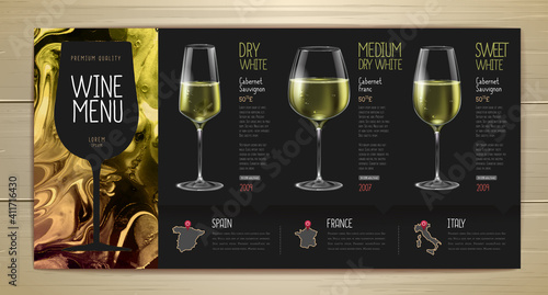 Wine menu design with alcohol ink texture. Marble texture background. Set of wine glasses