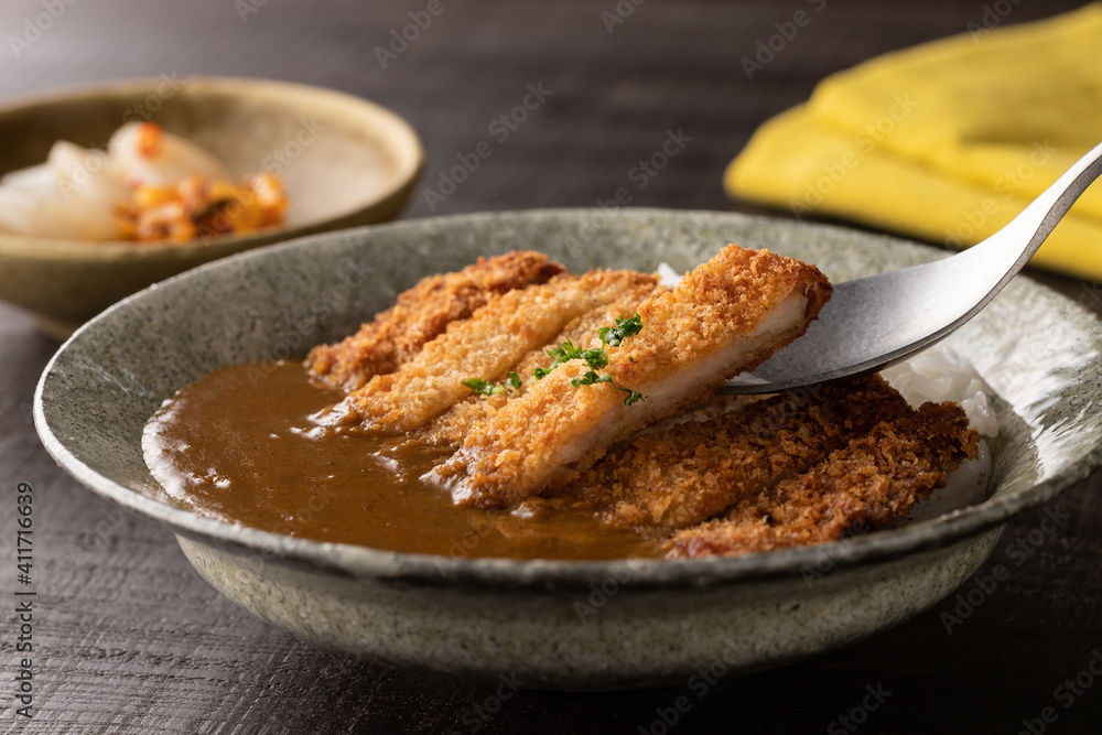 スプーンですくった、カツカレーのアップ スプーンですくった、カツカレーのアップ