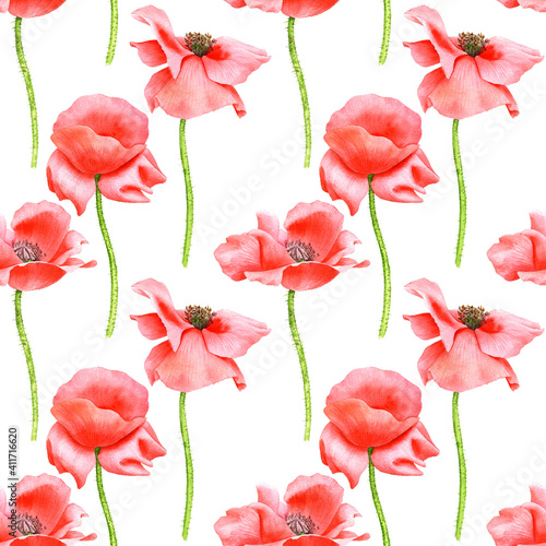 watercolor seamless pattern with drawing red poppy flowers