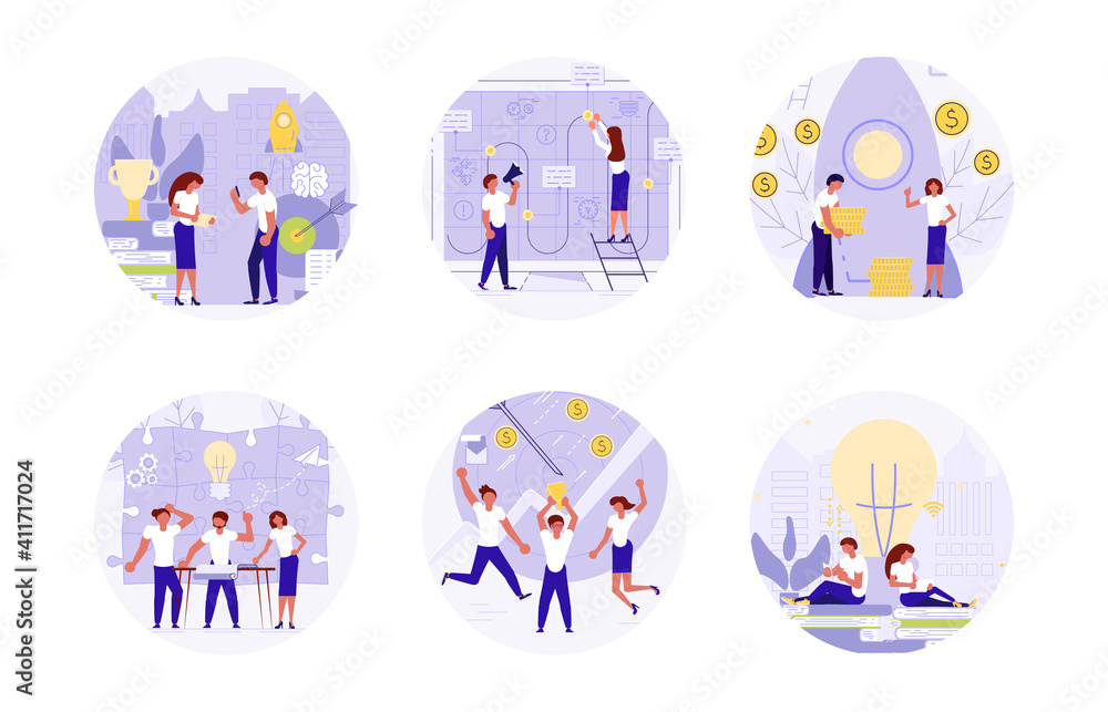 Fototapeta Set of startup circle stickers. Start new business project with team concept. Development process, Innovation product, creative idea isolated on white. Flat Art Vector illustration