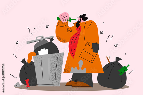 Homeless people, unemployed searching for food concept
