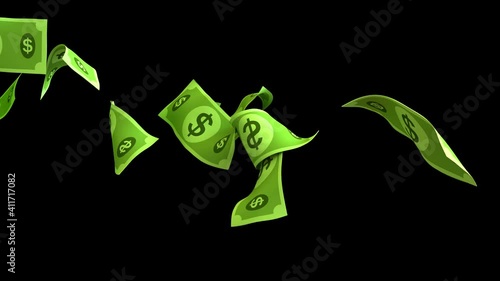 3D animation of dollar bank bills flow with alpha layer