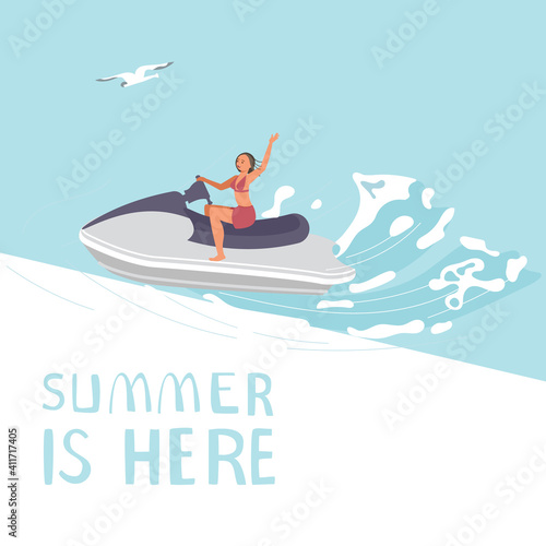 Summer is here square banner template. People on summer vacation concept. A young races on aquabike. Flat Art Vector Illustration