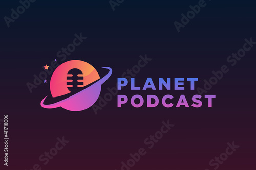 Planet podcast logo design premium vector