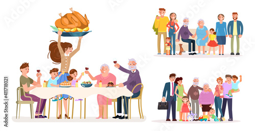 Set of Multi generation family portrait including kids, teen girl in wheelchair, parents and grandparents. Characters isolated on white background. Flat Art Vector illustration