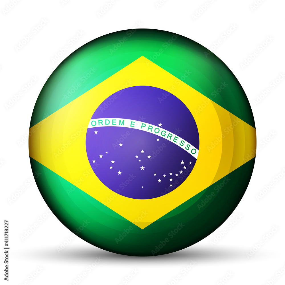 Obraz premium Glass light ball with flag of Brazil. Round sphere, template icon. Brazilian national symbol. Glossy realistic ball, 3D abstract vector illustration highlighted on a white background. Big bubble.