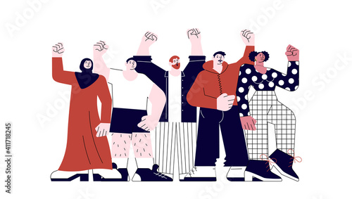 Male and Female protesters standing together with Fists hands up. Multiracial crowd of people on demonstration isolated on white background. Flat Art Vector illustration