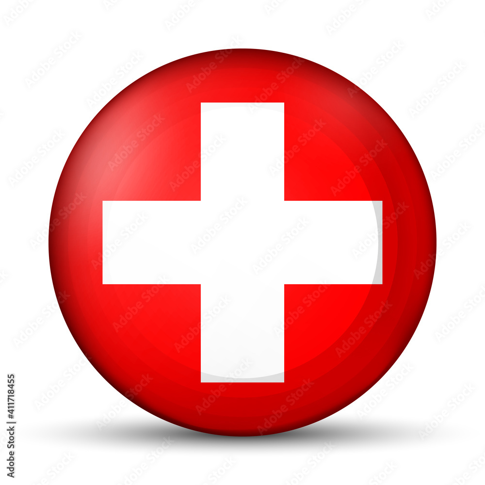 Glass light ball with flag of Switzerland. Round sphere, template icon. Swiss national symbol. Glossy realistic ball, 3D abstract vector illustration highlighted on a white background. Big bubble. Glass light ball with flag of Switzerland. Round sphere, template icon. Swiss national symbol. Glossy realistic ball, 3D abstract vector illustration highlighted on a white background. Big bubble.