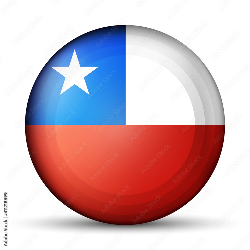 Glass light ball with flag of Chile. Round sphere, template icon. Chilean national symbol. Glossy realistic ball, 3D abstract vector illustration highlighted on a white background. Big bubble. Glass light ball with flag of Chile. Round sphere, template icon. Chilean national symbol. Glossy realistic ball, 3D abstract vector illustration highlighted on a white background. Big bubble.