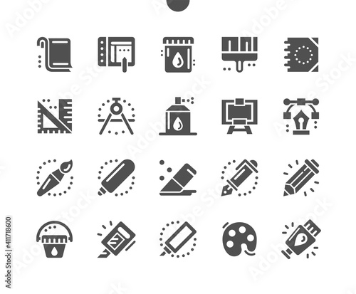 Paint and art tools. Graphics tablet. Stationery. Liner, eraser, ink pen, pencil, easel, marker and palette. Vector Solid Icons. Simple Pictogram
