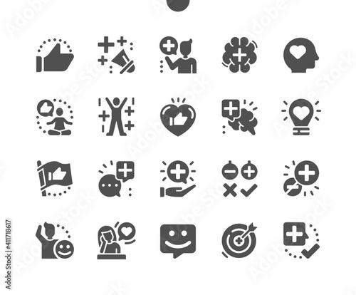 Positive thinking. Positive communication and harmony. Good thoughts. Idealistic, optimism, inspiration, better and best. Vector Solid Icons. Simple Pictogram