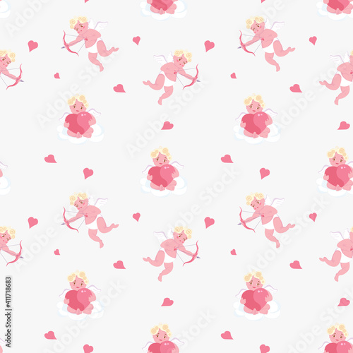 Seamless pattern with Playful Cupid sleeping on cloud, aim an arrow from archery, sprinkles with hearts. Symbol of love for Valentines day fabric, textile, wrapping paper Flat Art Vector illustration