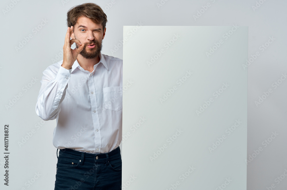 emotional business man in shirt hold banner copy space presentation emotional business man in shirt hold banner copy space presentation