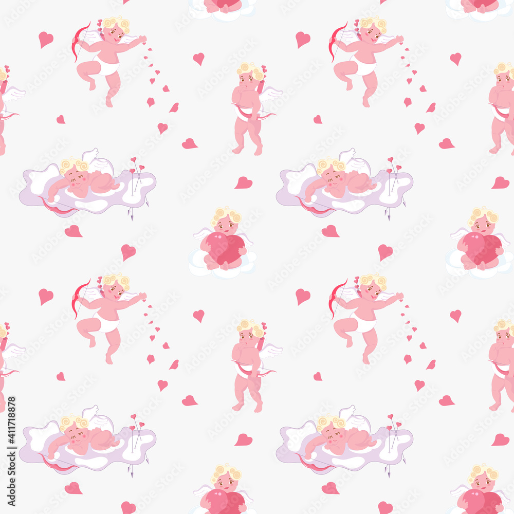 Seamless pattern with Playful Cupid sleeping on cloud, aim an arrow from archery, sprinkles with hearts. Symbol of love for Valentines day fabric, textile, wrapping paper Flat Art Vector illustration