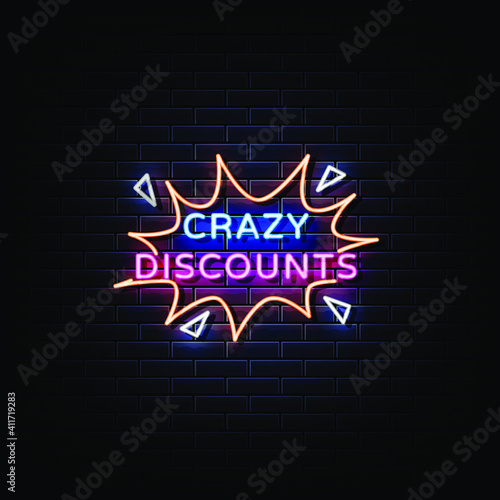 Crazy discount neon sign vector. 