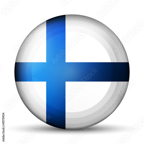 Glass light ball with flag of Finland. Round sphere, template icon. Finnish national symbol. Glossy realistic ball, 3D abstract vector illustration highlighted on a white background. Big bubble.