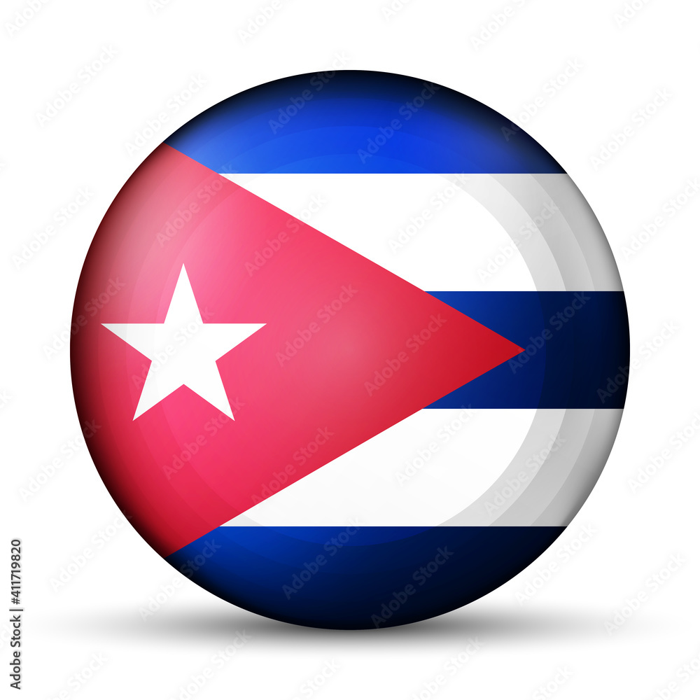 Glass light ball with flag of Cuba. Round sphere, template icon. Cuban national symbol. Glossy realistic ball, 3D abstract vector illustration highlighted on a white background. Big bubble. Glass light ball with flag of Cuba. Round sphere, template icon. Cuban national symbol. Glossy realistic ball, 3D abstract vector illustration highlighted on a white background. Big bubble.
