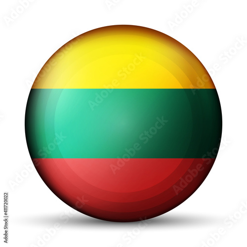 Glass light ball with flag of Lithuania. Round sphere, template icon. Lithuanian national symbol. Glossy realistic ball, 3D abstract vector illustration highlighted on a white background. Big bubble.