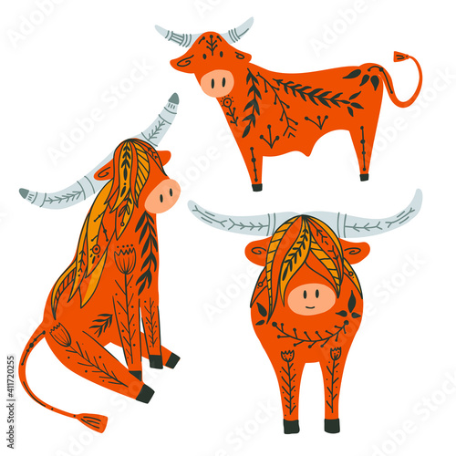 Set of cute cartoon bulls and bison with folk pattern. Oriental New Year symbol with floral pattern. Cattle with tribal ornaments. Flat illustration pets for stickers, cards and badges