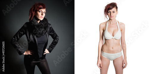 Two portraits of a beautiful young woman wearing a white bikini and black clothes in front of dark and bright studio backgrounds