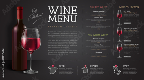 Wine restaurant menu design with realistic wine glasses and bottles. Chalk background