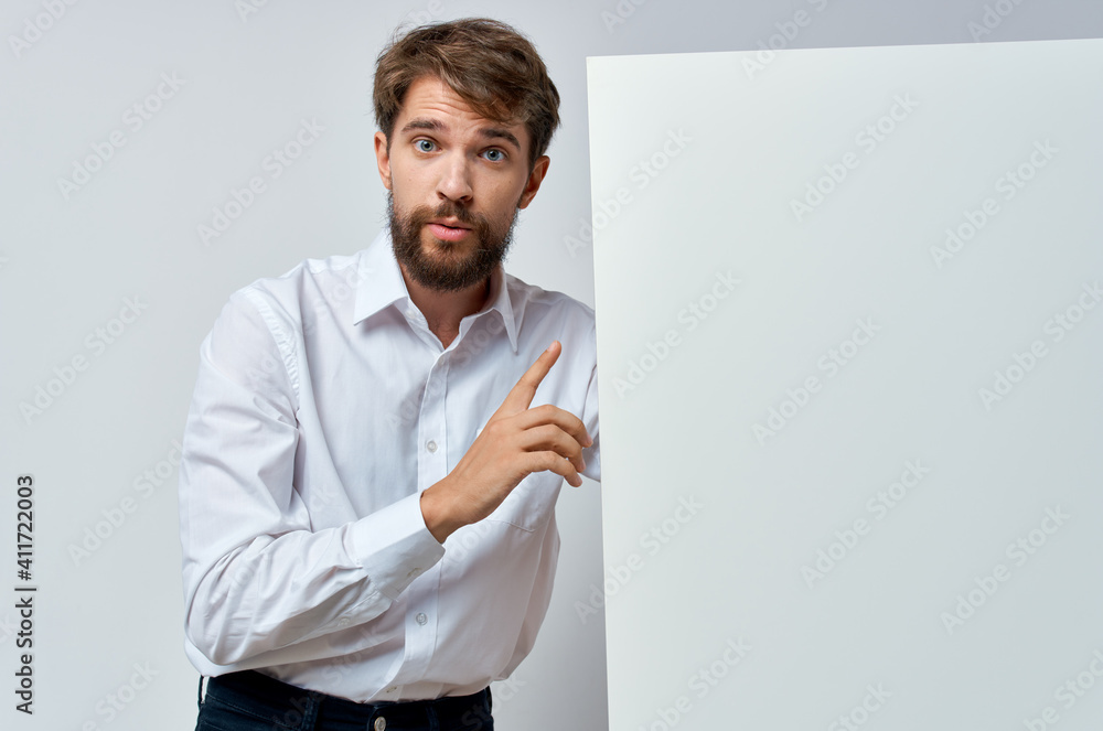 emotional man in shirt gesturing with his hands white mockup business advertisement emotional man in shirt gesturing with his hands white mockup business advertisement