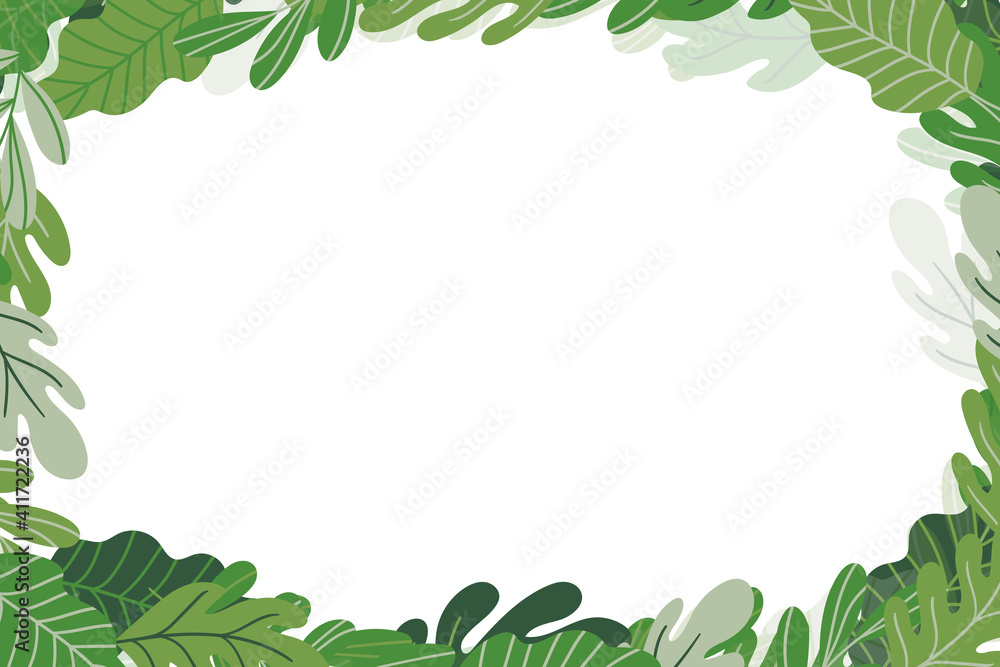 Floral frame with colorful exotic branches on white background. Ornate border with tropic leaves. Vector stock illustration for wallpaper, posters, card. Doodle style. Copy space.