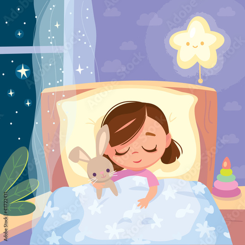 Portrait of sleepy baby girl lying in the bed under cover holding with imaginary friend,bunny rabbit toy in bedroom. Bed time for kids.Wish her sweet dreams.Get ready for bedtime.Kid prepare go to bed