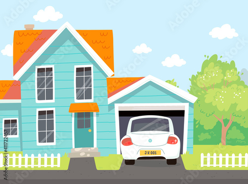 Picture of quiet outdoor neighborhood area in suburbs. Residental house with car parked on driveway in front of opened garage and low wooden fence. Suburbs on weekend. Suburbs life image.